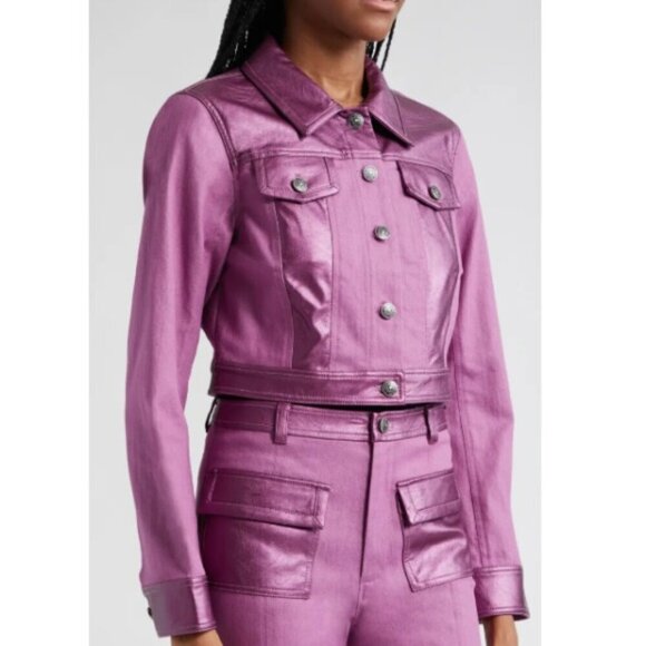 Cinq à Sept 'Regina' Vegan Leather Trim Trucker Jacket, Amethyst - Picture 1 of 4
